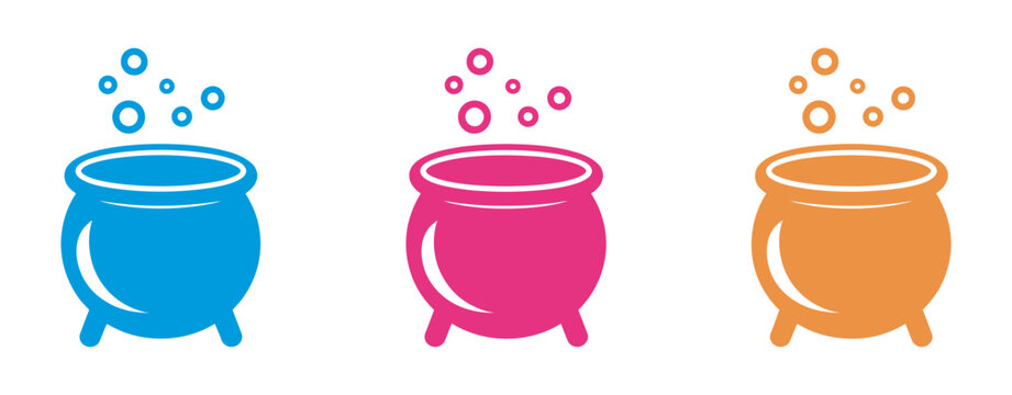 Magical potion cauldron icons set, colorful bubbling brew process collection, fantasy alchemy symbols, vector illustration