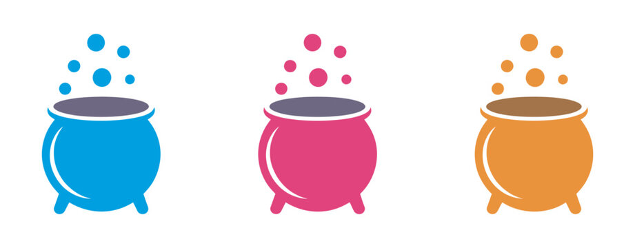 Cauldron icons set, colorful potion brewing with bubbles collection, magical alchemy process symbols, vector design
