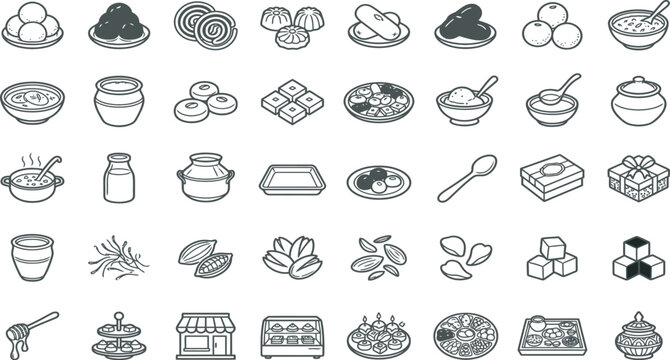 Rasgulla, Gulab Jamun, Jalebi & Sandesh 30+ Outline Icon Set