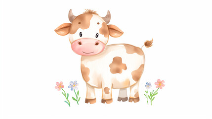 Fototapeta premium Watercolor cow with on white background, perfect for nursery textile and children's watercolor illustration prints