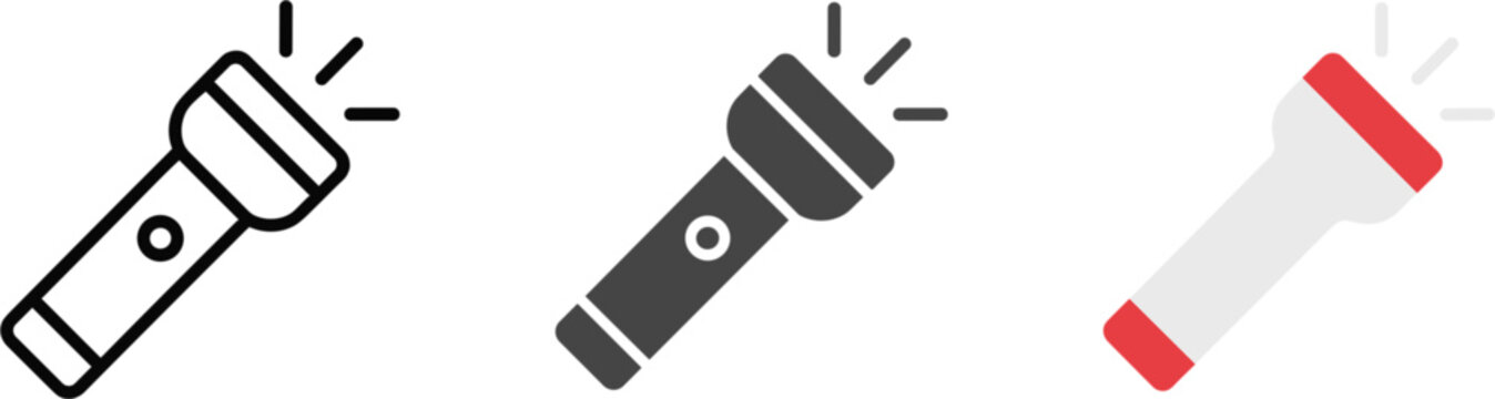 Flashlight vector icon collection isolated, portable torch light and emergency equipment illustration design set