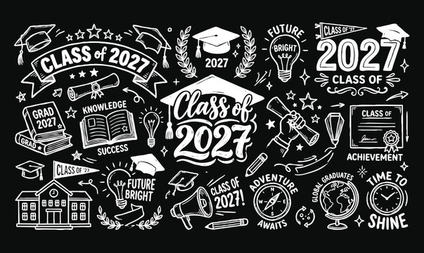 Vector chalkboard doodle set for Class of 2027 graduation with school and sports elements.