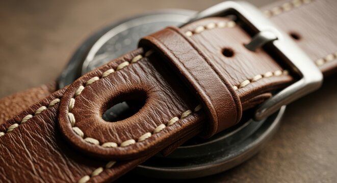 Closeup of a brown leather watch strap with detailed stitching and a metal buckle on a dark textured surface