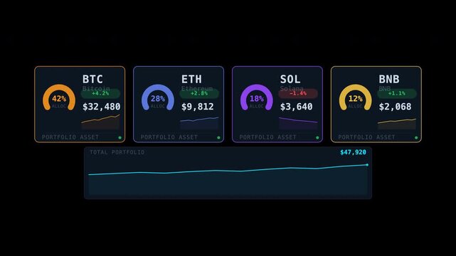 Digital cryptocurrency portfolio dashboard with btc eth sol bnb values. Suitable for finance, investing, crypto market analysis, and technology concepts.