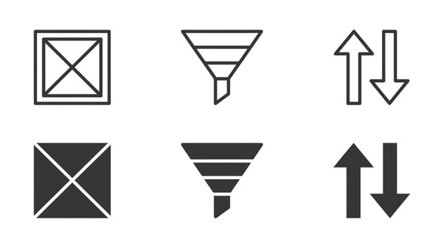 Dashboard interface icons set showing box grid layout, data filtering funnel, and vertical direction sort arrows