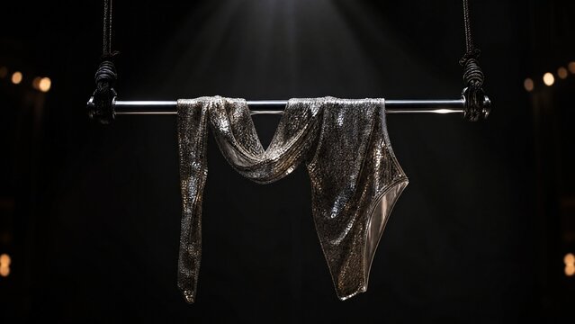 aerialist. Polished silver aerialist bar with sequined costume draped over it, spotlight. product launch decks, UI/UX mockups, designed for data visualization dashboards and holographic UIs.
