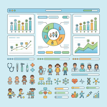 Medical infographic dashboard with health icons and charts