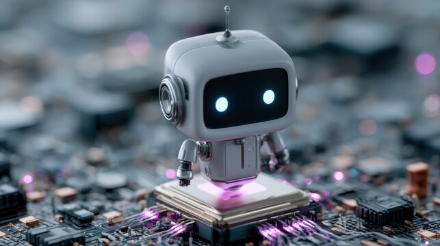 Small robot stands on a computer chip with bright lights and wires in a tech lab