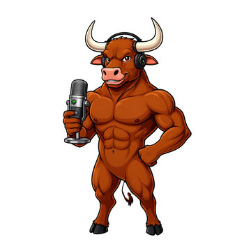 vector illustration of cartoon bull holding a podcast microphone