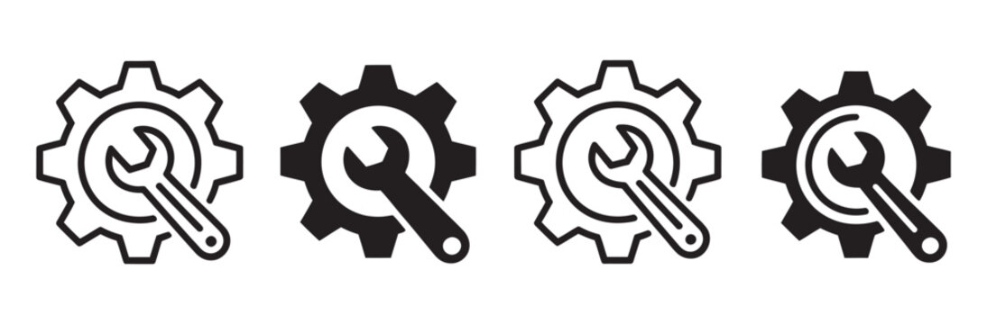 Gear and wrench icons set, technical maintenance and repair symbols collection, vector illustration