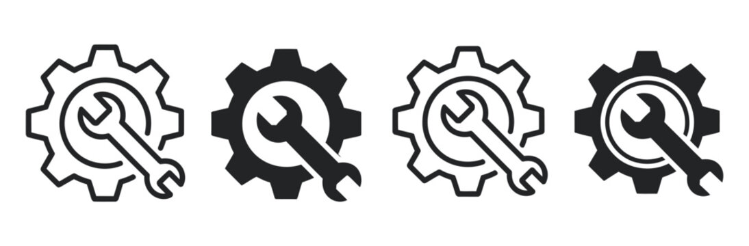 Gear and wrench icons set, technical maintenance and repair symbols collection, vector illustration