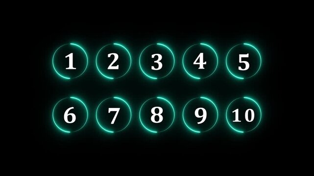 Glowing neon Colorful number circle icon set from one to ten for education, ranking, steps, children learning, interface labels.4k motion graphics video animation