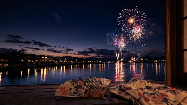 yukata. Folded fan and yukata sleeve on doorstep with fireworks over Sumida River, Tokyo summer celebration. event programs, museum guides, designed for cultural heritage projects and event programs.