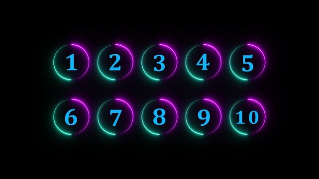 Glowing neon Colorful number circle icon set from one to ten for education, ranking, steps, children learning, interface labels.4k motion graphics video animation