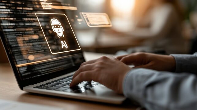 Person types on laptop showing AI icon with code on screen during work hours in an office setting