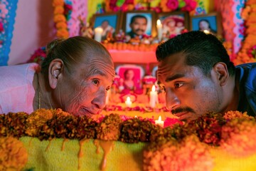 Obraz premium Mexican family members honor ancestors at a colorful Dia de los Muertos altar for cultural heritage awareness, holiday celebrations and religious tradition storytelling