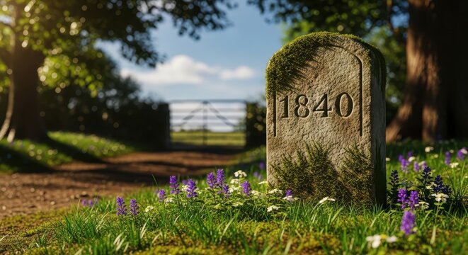 Old stone marker with the year 1840 engraved, standing in a lush green meadow with purple wildflowers and a rustic gate