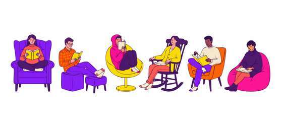 Fototapeta premium People reading books sitting in cozy chairs relaxing and studying in a row, graphic flat vector illustration of diverse men and women enjoying literature for education, hobby and home comfort.