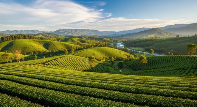 Stunning landscape of lush green tea plantations in long coc, phu tho province, vietnam during a sunny morning