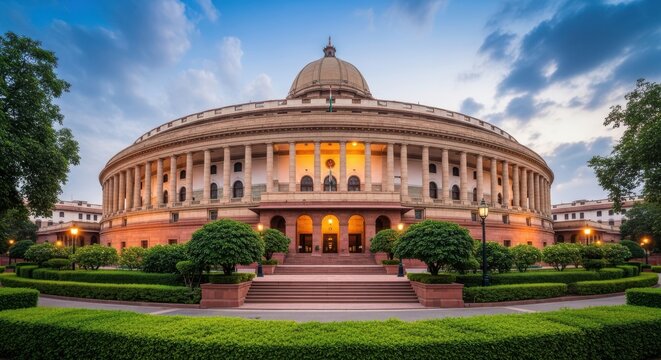 The parliament house of india, sansad bhavan, in new delhi at sunset, showcasing its iconic circular architecture and lush gardens
