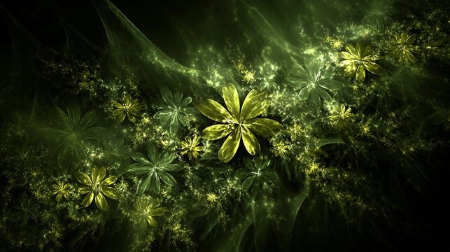 Intricate fractal floral patterns bloom with cosmic energy and vibrant green and yellow light