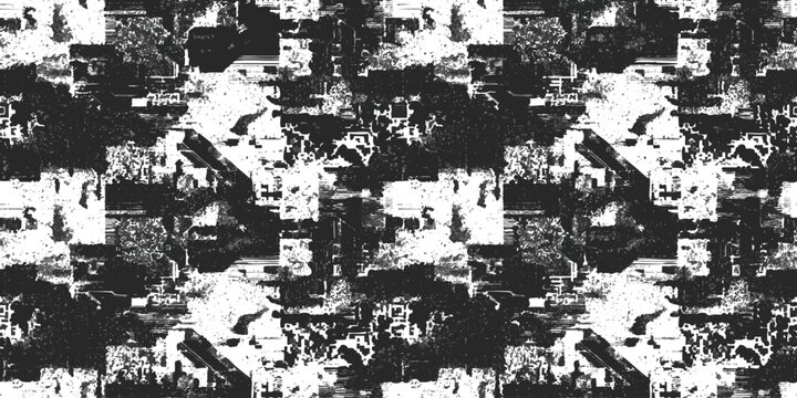 Abstract digital glitch pattern with distorted black and white pixel noise and corrupted video signal effect