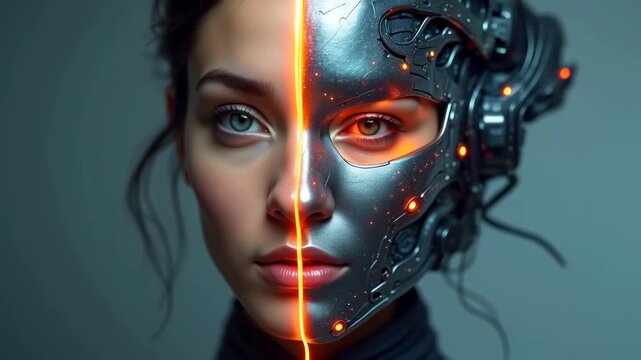 Female cyborg with half human face and half metallic robotic features, illuminated by glowing orange lines, showcasing a futuristic design in a neutral background