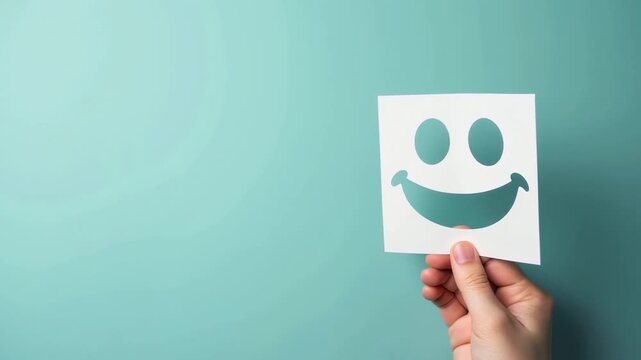 Hand holding a smiling face paper cutout against a blue background, showcasing a gradual shift in the angle of the cutout across three frames