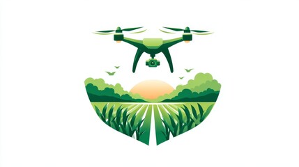 Obraz premium 35.Flat vector agriculture service logo with aerial drone and corn crop field icon, minimal geometric design, fresh green tones, precision farming and agritech concept