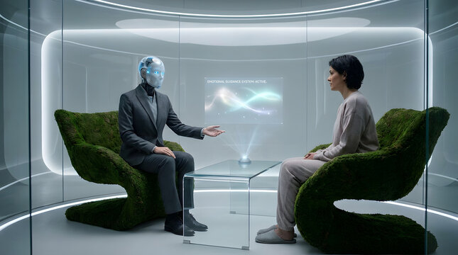 Humanoid AI Therapist Providing Empathic Mental Health Support to a Patient in a Modern Futuristic Sustainable Glass Office Environment