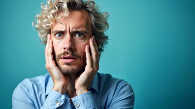 Male with curly blonde hair expresses concern while holding his face with both hands against a solid blue background, showcasing a progression of visible emotions