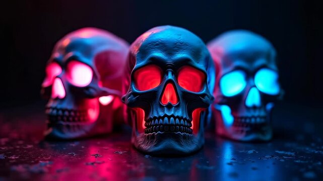 Three decorative skulls with glowing red and blue eyes arranged in a row against a dark background, showcasing intricate details and textures of each skull