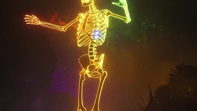 A glowing neon skeleton stands in a dark and mysterious forest