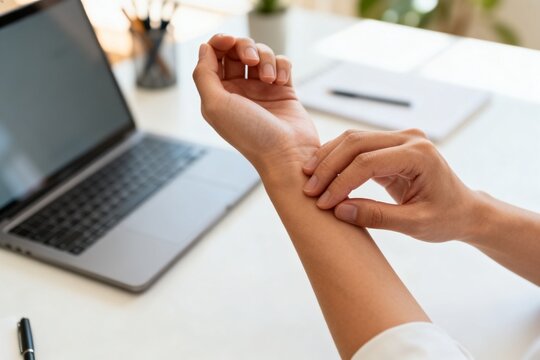 Person scratching wrist at desk, laptop in background
