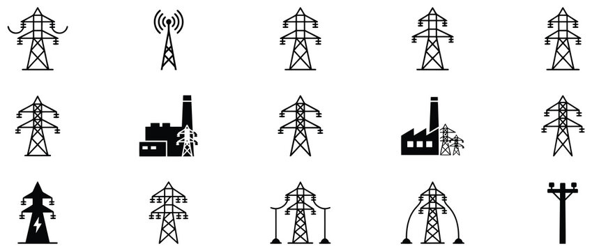 Electric power transmission icon set with pylons, grid systems, transformers, and lightning symbols representing energy distribution, high voltage networks, and utility infrastructure design, vector, 