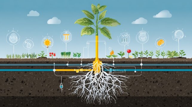 29.Agricultural vector infographic of plant with root system absorbing minerals, technology icons representing nutrients and growth, modern farming concept