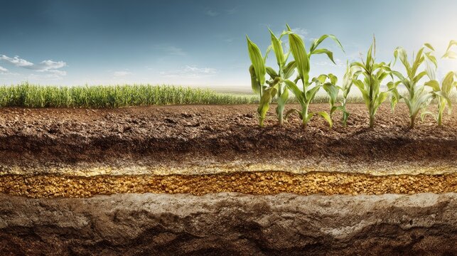 16.Cutaway view of soil layers with corn plants and crops above, natural textures, bright sky, agricultural growth concept
