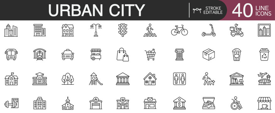 Urban city line icon set featuring public buildings, transportation, town infrastructure, and community navigation elements vector illustration with editable stroke.