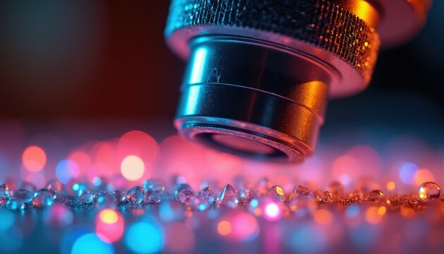 Microscope examines small shiny crystals. Macro view shows faceted gems on dark surface with blurred colorful lights. Scientific research, gemology and luxury concepts.