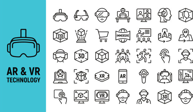 Ar and vr technology icons set in blue background