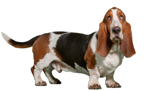 Basset Hound dog with long ears and tri-color coat