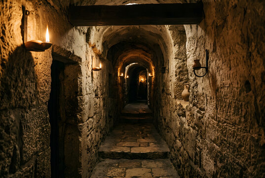 Dimly lit medieval hallway with stone walls and traditional oil lamp glow.