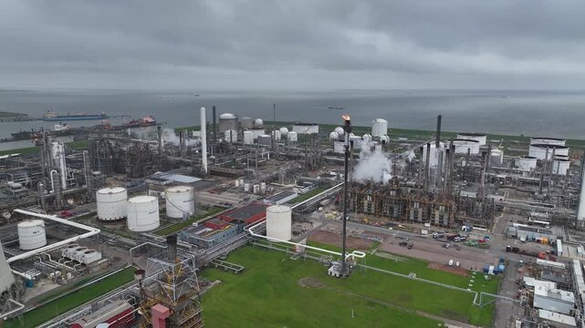 Aerial view of a chemical plant at sunset. Drone shot. Curling fire and cumin smoke filling the sky. Smoking chimneys from the factory. Chimneys of an oil refinery at sunrise pollute the environment