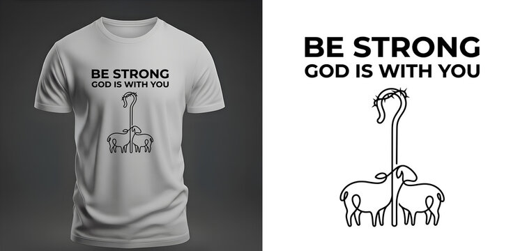 Be Strong God Is With You Minimal Christian Typography Logo Design for Modern Faith Apparel.