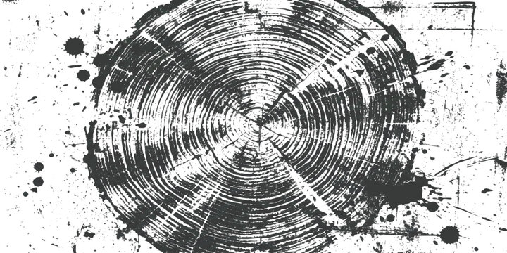 Black and white tree ring cross section texture with ink splatters and rough grunge style artistic design