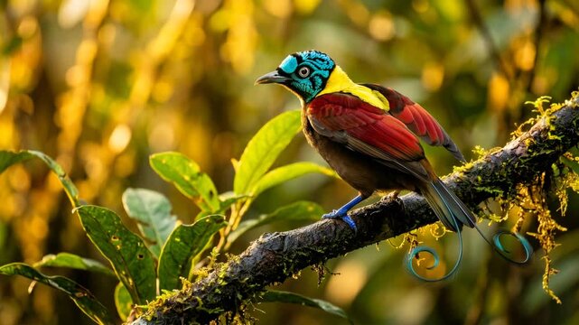 bird of paradise perched on branch in papua rainforest golden sunset light video