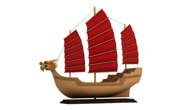 Wooden junk ship with red sails and dragon head