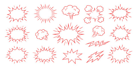 Set of hand drawn comic book speech bubbles and explosion shapes with colorful red and blue ink sketch outlines © GraphixEra