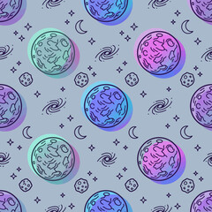 Cute seamless pattern with hand-drawn planets and stars © Haru