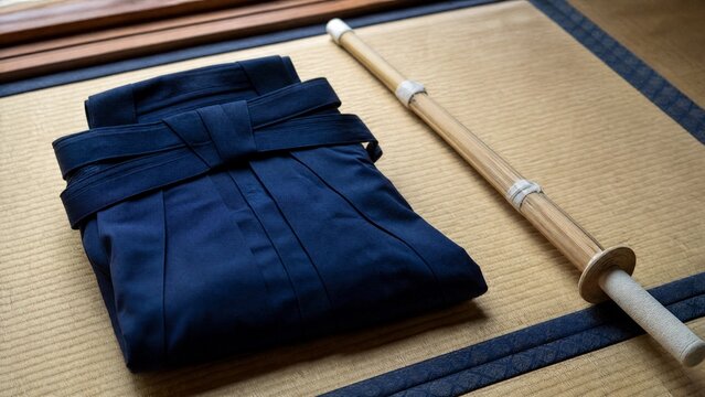 hakama. A neatly folded deep blue hakama and bamboo sword on tatami mat flooring. event programs, museum guides, designed for cultural heritage projects and event programs, supports education.